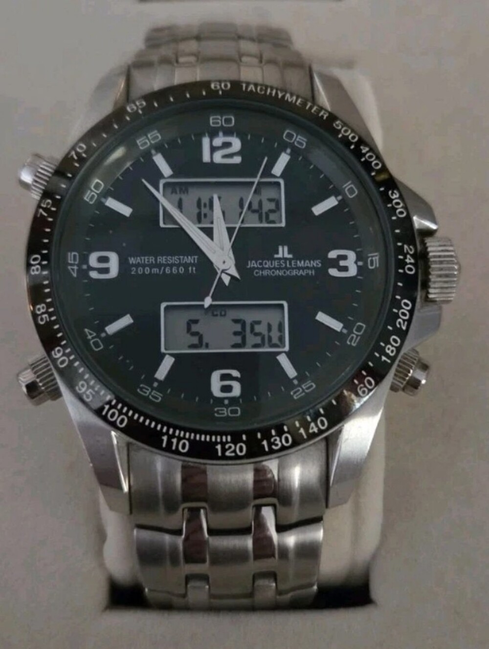 Mens Jacques Lemans 1241  Digital Analog  Stainless Steel Watch 44mm New Battery